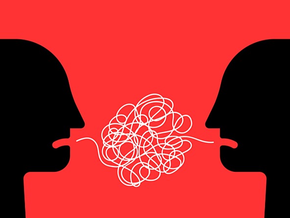 Two graphic silhouettes with a jumbled line between them, against a red background, suggesting an argument or difficult communication